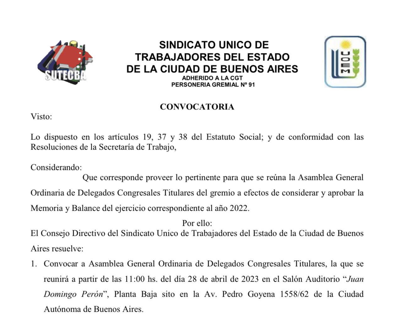 Convocatoria Memoria y Balance 2023 S U T E C B A Sindicato Único