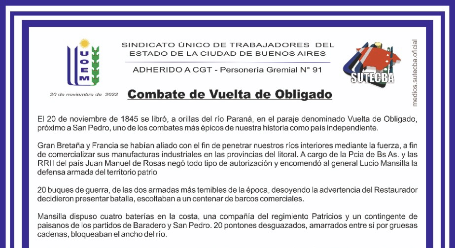 Combate De Vuelta De Obligado - S.U.T.E.C.B.A. || Sindicato Único De ...