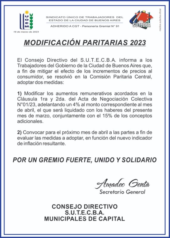 Modificación Paritarias 2023 - S.U.T.E.C.B.A. || Sindicato Único De ...